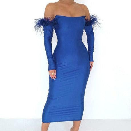 Katherine Long Sleeve Feather Off Shoulder Midi Dress