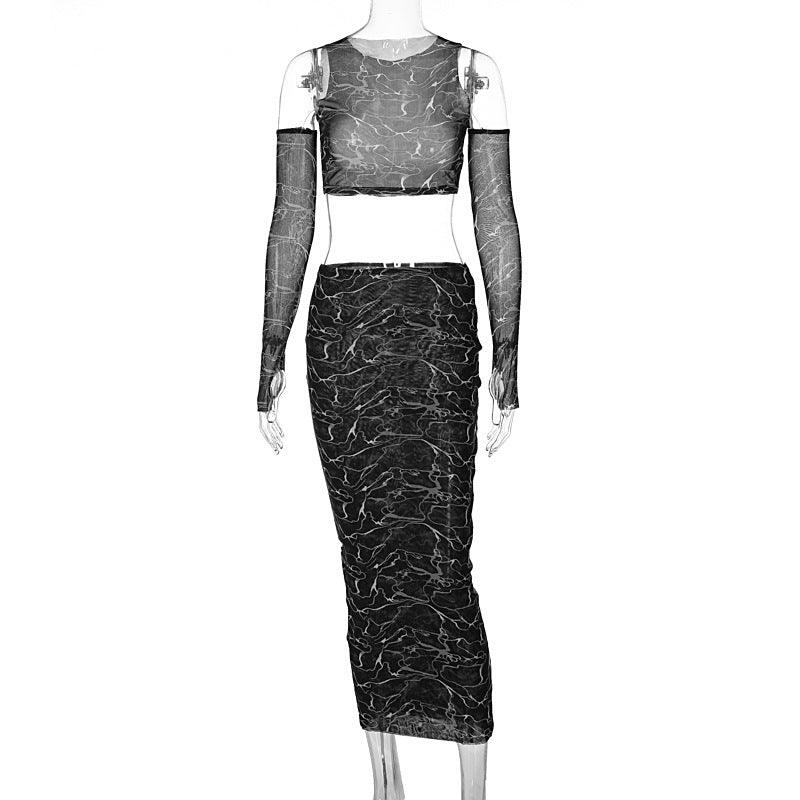 Kenna Sheer Mesh Top & Pencil Skirt With Sheer Sleeve Set