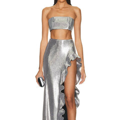 Kenzie Tube Top Ruffled Open-side Sequined Skirt Set