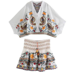 Kenzie V Neck Flared Sleeves Top & Boho Print Skirt Set