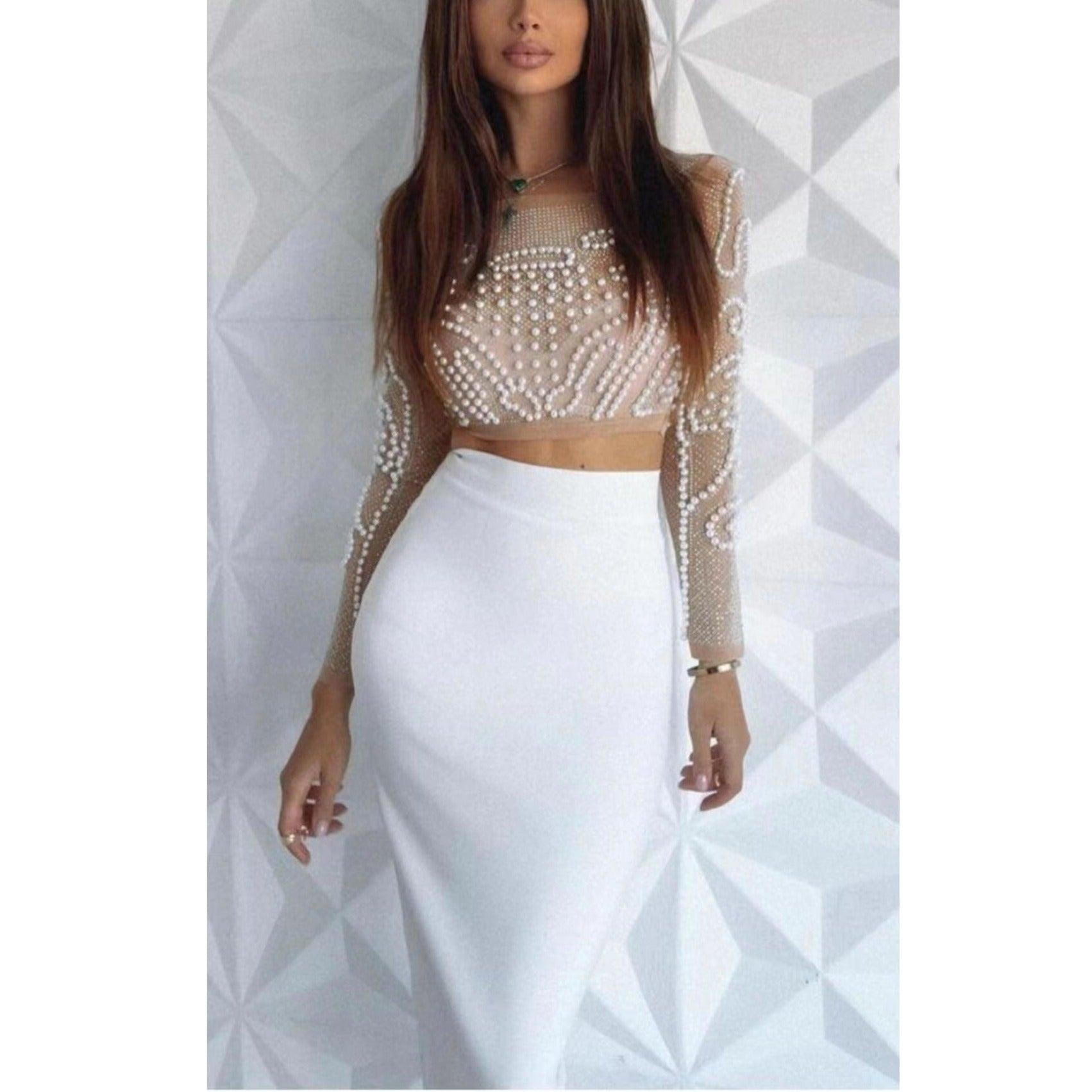 Kira Beaded Long Sleeve Crop Top & Skirt Set