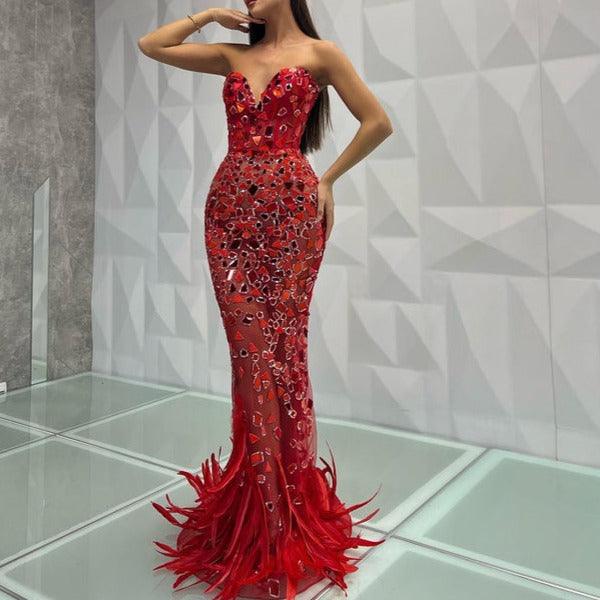 Kitt Strapless Feather Red Mirror Maxi Dress