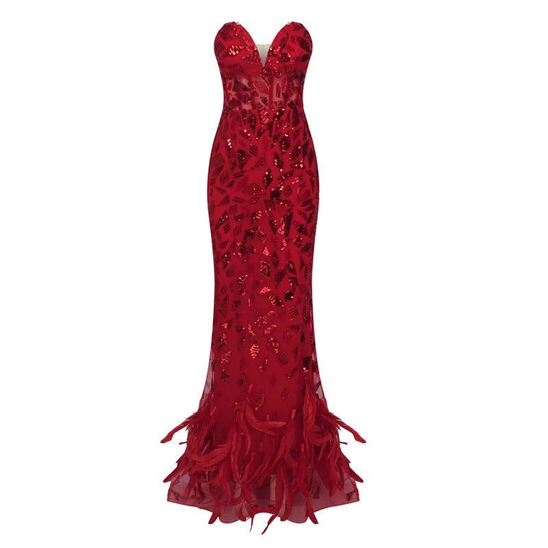 Kitt Strapless Feather Red Mirror Maxi Dress