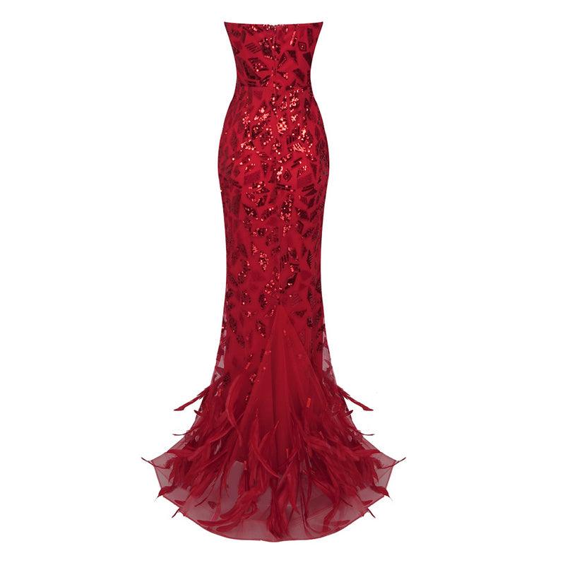 Kitt Strapless Feather Red Mirror Maxi Dress