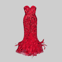 Kitt Strapless Feather Red Mirror Maxi Dress