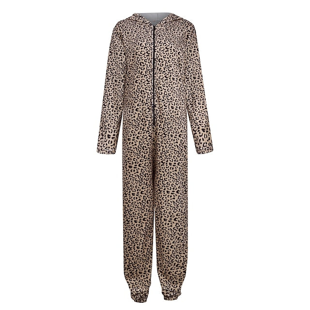 Women's Pajamas Jumpsuit Leopard Star Warm Comfort Plush Home Christmas Flannel Warm Breathable Hoodie Long Sleeve Pocket Fall Winter Leopard Print Moon blue