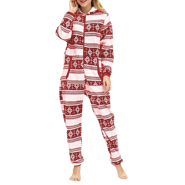 Women's Pajamas Jumpsuit Elk Snowflake Warm Fashion Casual Home Christmas Daily Polyester Breathable Hoodie Long Sleeve Pocket Fall Winter Black White