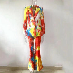 Leather Allover Paint Print Blazer Top & Pants Set