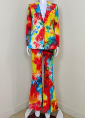 Leather Allover Paint Print Blazer Top & Pants Set