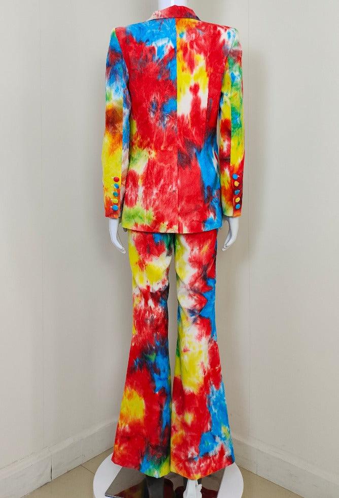 Leather Allover Paint Print Blazer Top & Pants Set