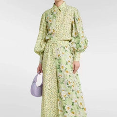 Maddie Floral Lantern Sleeve Blouses & Tie Strap Long Pants Set