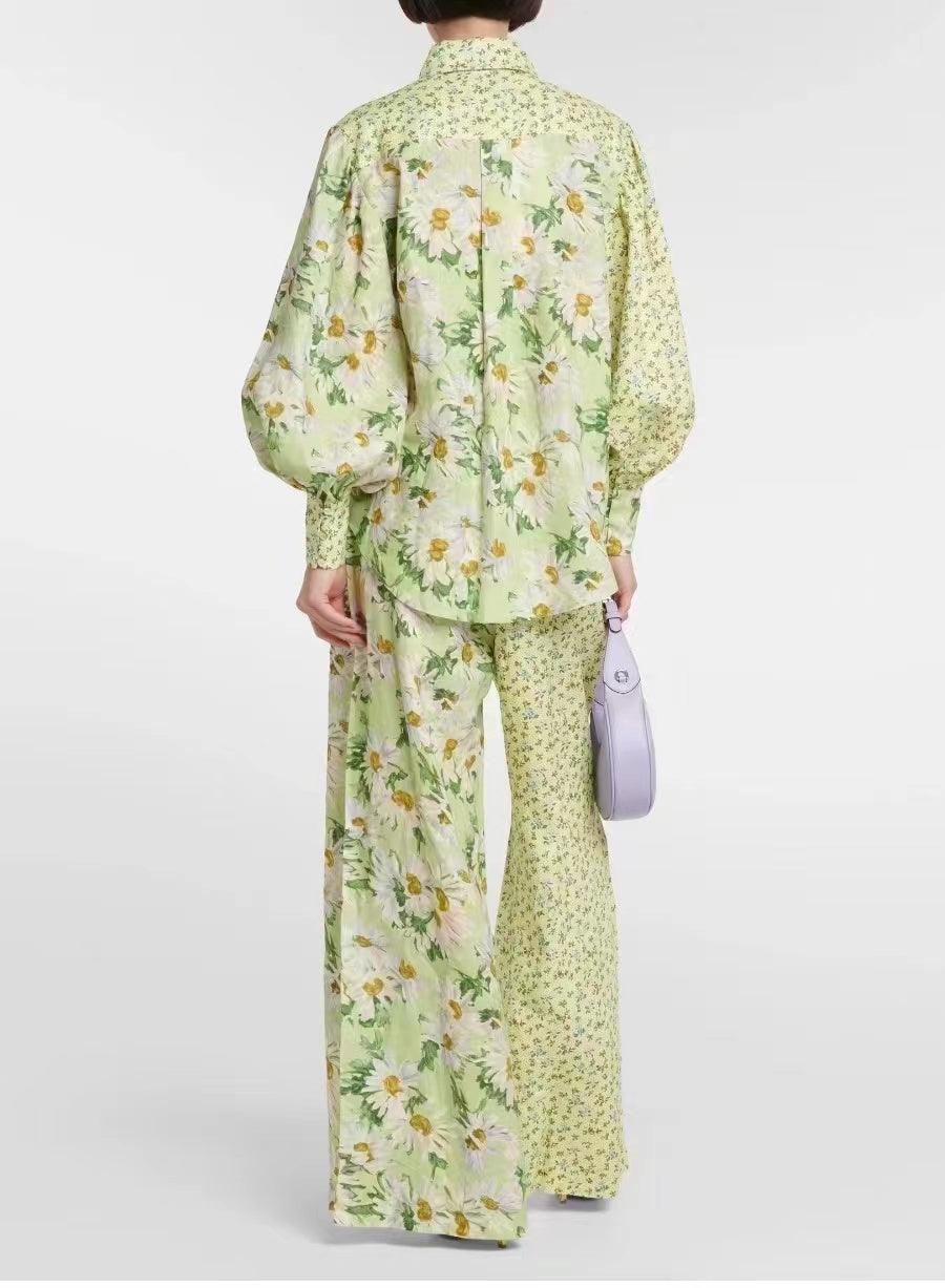 Maddie Floral Lantern Sleeve Blouses & Tie Strap Long Pants Set