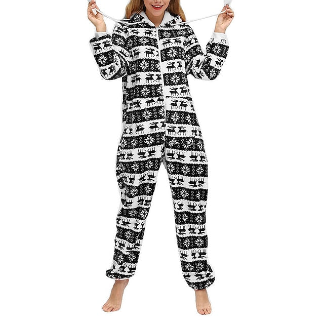 Women's Pajamas Jumpsuit Elk Snowflake Warm Fashion Casual Home Christmas Daily Polyester Breathable Hoodie Long Sleeve Pocket Fall Winter Black White