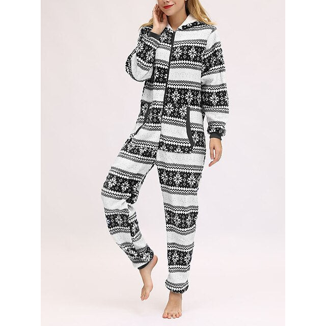 Women's Pajamas Jumpsuit Elk Snowflake Warm Fashion Casual Home Christmas Daily Polyester Breathable Hoodie Long Sleeve Pocket Fall Winter Black White