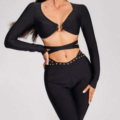 Miley Long Sleeve O Ring Embellishment Top & Flared Pants Set