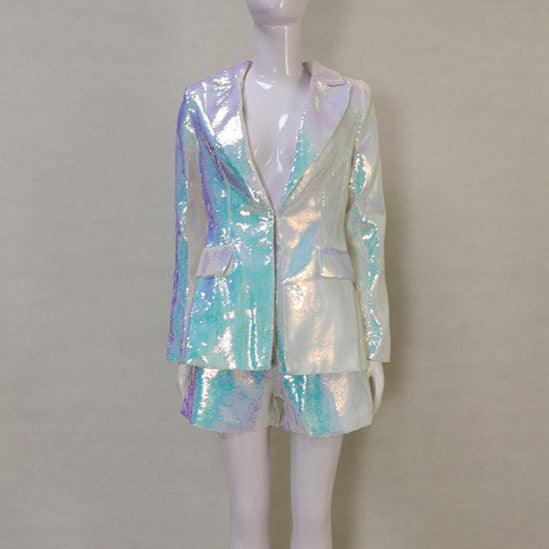 Navi Metallic Blazer Top & Short Set