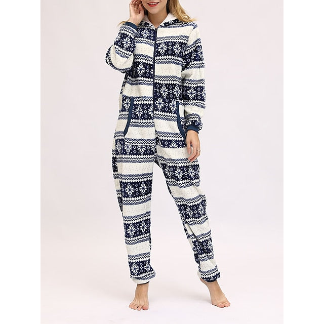 Women's Pajamas Jumpsuit Elk Snowflake Warm Fashion Casual Home Christmas Daily Polyester Breathable Hoodie Long Sleeve Pocket Fall Winter Black White