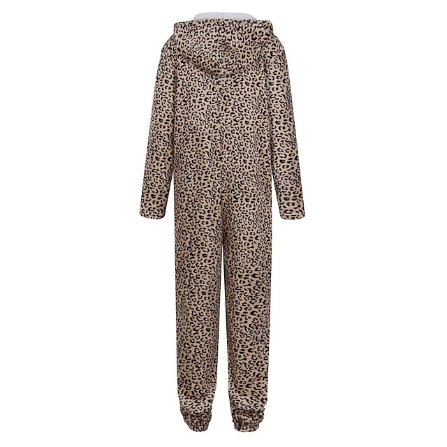 Women's Pajamas Jumpsuit Leopard Star Warm Comfort Plush Home Christmas Flannel Warm Breathable Hoodie Long Sleeve Pocket Fall Winter Leopard Print Moon blue