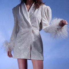 Pamelia Feather Trim Sleeves Sequined Blazer Dress