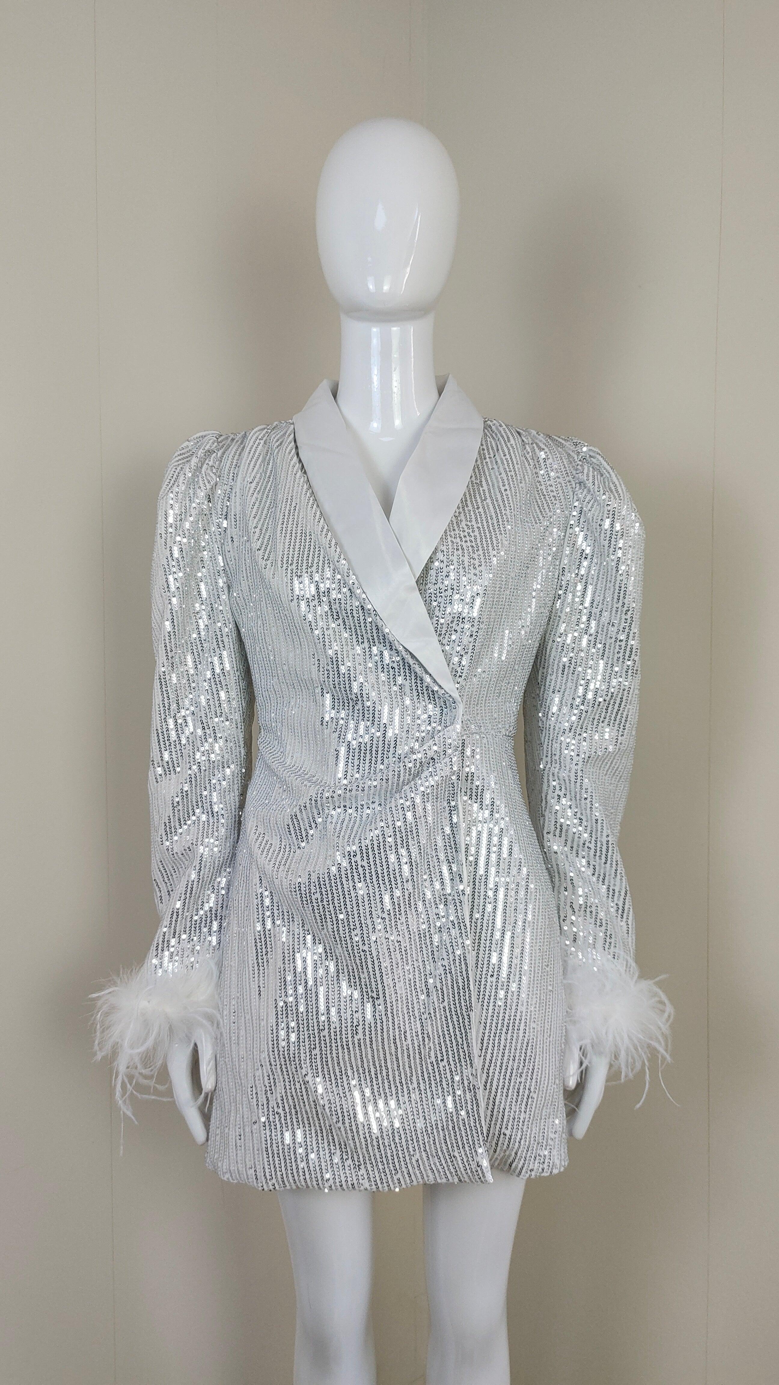 Pamelia Feather Trim Sleeves Sequined Blazer Dress