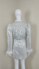 Pamelia Feather Trim Sleeves Sequined Blazer Dress