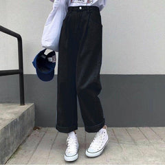 Jeans Women Solid Vintage High Waist Wide Leg Denim Trousers Simple Students All-match Loose Fashion Harajuku Womens Chic Casual