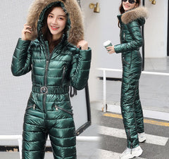 One Piece Ski Suit Women Jackets Winter Hooded Parka Jumpsuit Women Cotton bodysuit Sashes Jumpsuits Zipper Overalls Tracksuits