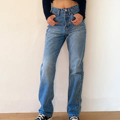 Jsvery Women's Jeans Baggy Jeans For Women Mom Jeans High Waist Blue Loose Washed Fashion Straight Denim Pants Vintage Streetwear