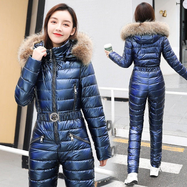 One Piece Ski Suit Women Jackets Winter Hooded Parka Jumpsuit Women Cotton bodysuit Sashes Jumpsuits Zipper Overalls Tracksuits