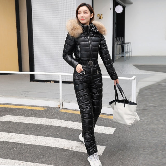 One Piece Ski Suit Women Jackets Winter Hooded Parka Jumpsuit Women Cotton bodysuit Sashes Jumpsuits Zipper Overalls Tracksuits