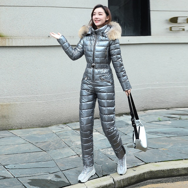 One Piece Ski Suit Women Jackets Winter Hooded Parka Jumpsuit Women Cotton bodysuit Sashes Jumpsuits Zipper Overalls Tracksuits