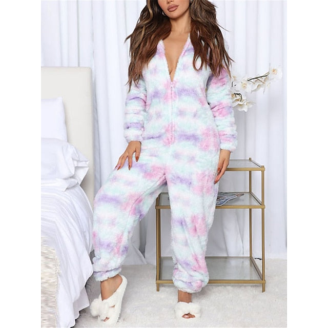 Women's Pajamas Jumpsuit Leopard Star Warm Comfort Plush Home Christmas Flannel Warm Breathable Hoodie Long Sleeve Pocket Fall Winter Leopard Print Moon blue