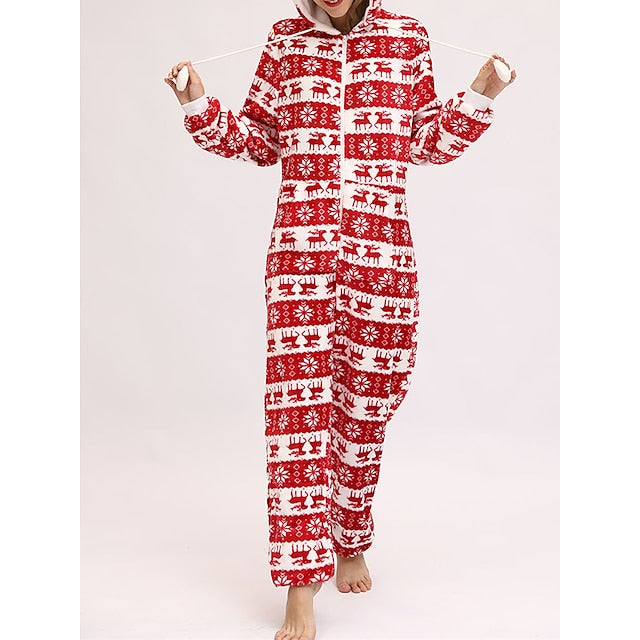 Women's Pajamas Jumpsuit Elk Snowflake Warm Fashion Casual Home Christmas Daily Polyester Breathable Hoodie Long Sleeve Pocket Fall Winter Black White