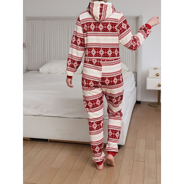 Women's Pajamas Jumpsuit Elk Snowflake Warm Fashion Casual Home Christmas Daily Polyester Breathable Hoodie Long Sleeve Pocket Fall Winter Black White