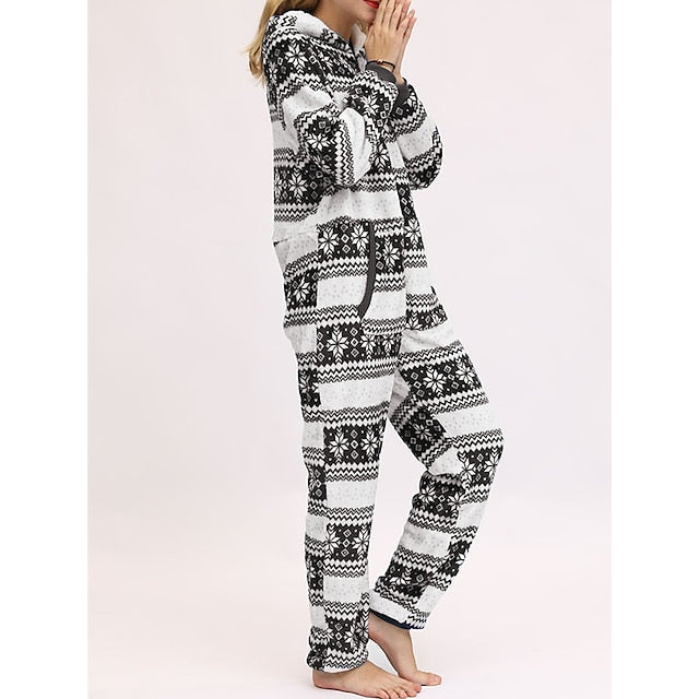 Women's Pajamas Jumpsuit Elk Snowflake Warm Fashion Casual Home Christmas Daily Polyester Breathable Hoodie Long Sleeve Pocket Fall Winter Black White