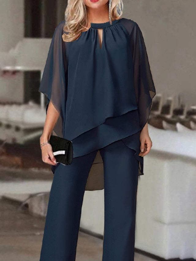 Jumpsuits for Women Summer Dressy Solid Color Round Neck Elegant Daily Vacation Straight Regular Fit Half Sleeve Navy Blue 3XL Spring Fall