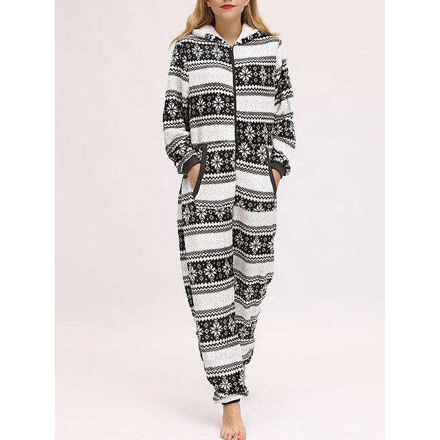 Women's Pajamas Jumpsuit Elk Snowflake Warm Fashion Casual Home Christmas Daily Polyester Breathable Hoodie Long Sleeve Pocket Fall Winter Black White