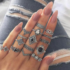 Unity 15 Pcs Bohemian Retro Crystal Ring Set