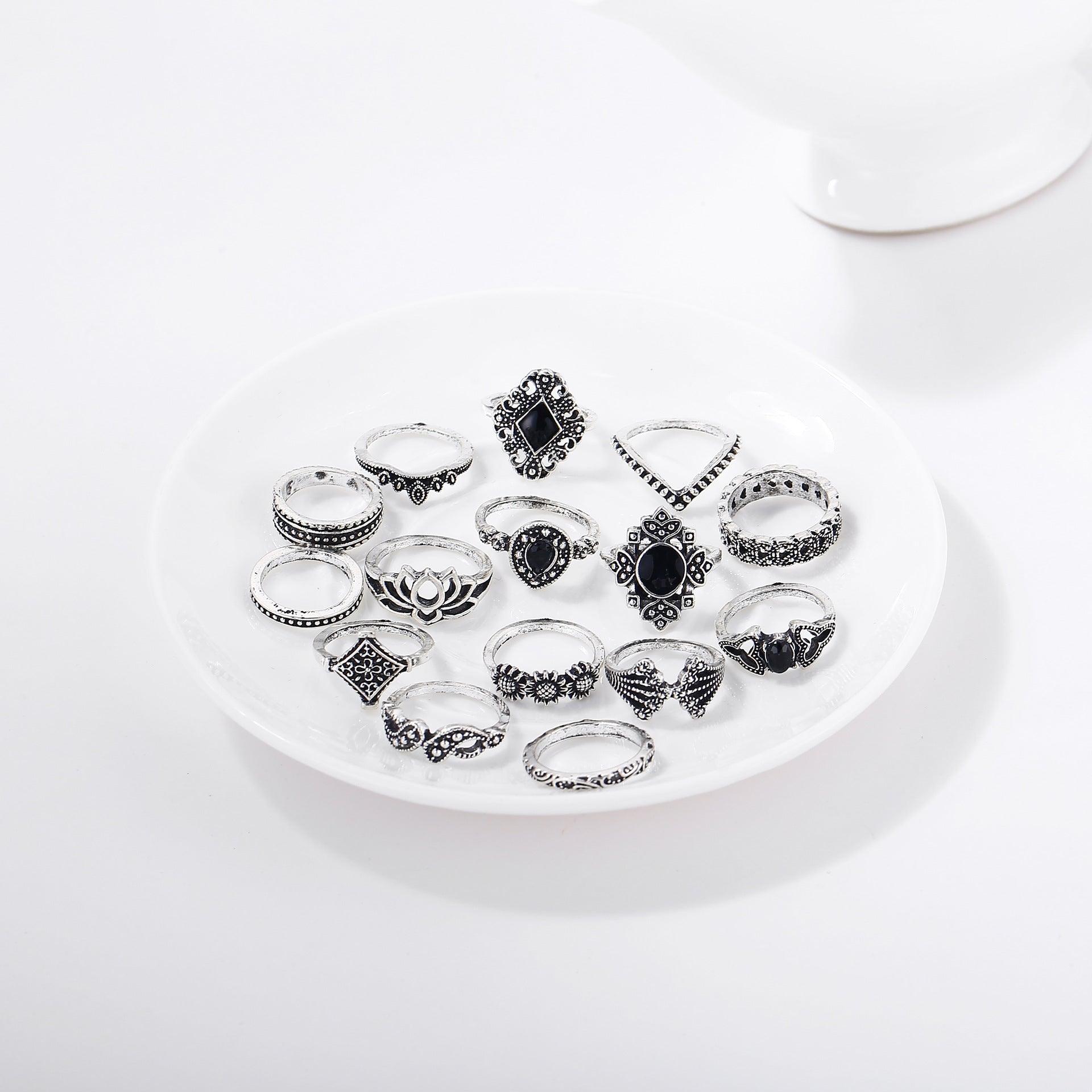 Unity 15 Pcs Bohemian Retro Crystal Ring Set