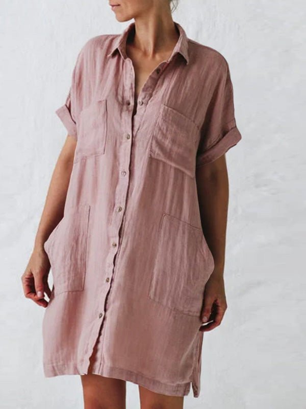 Lapel Short Sleeve Pocket Shirt Dress