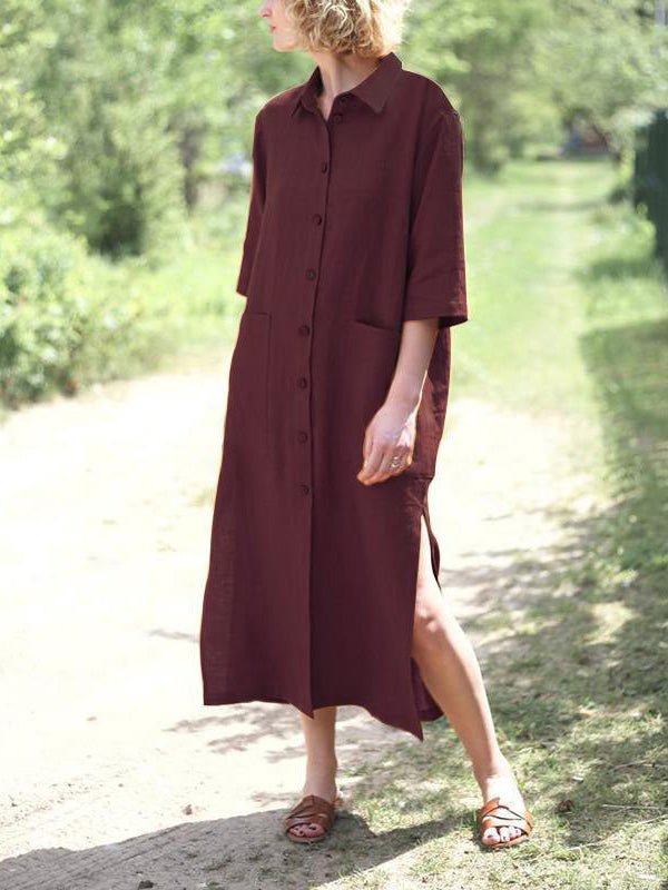 Loose Lapel Button Short Sleeve Shirt Dress