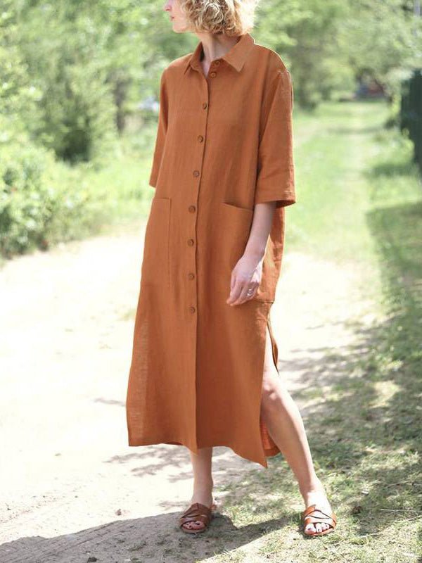 Loose Lapel Button Short Sleeve Shirt Dress