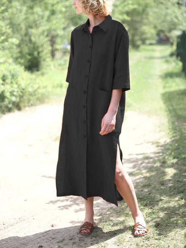 Loose Lapel Button Short Sleeve Shirt Dress