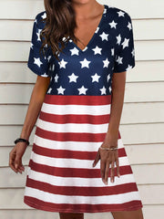 Loose Star Stripe V-Neck Short Sleeve Dress