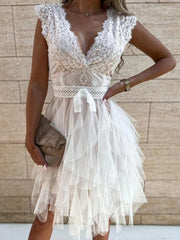 V-Neck Lace Mesh Irregular Dress