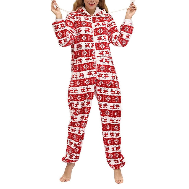 Women's Pajamas Jumpsuit Elk Snowflake Warm Fashion Casual Home Christmas Daily Polyester Breathable Hoodie Long Sleeve Pocket Fall Winter Black White